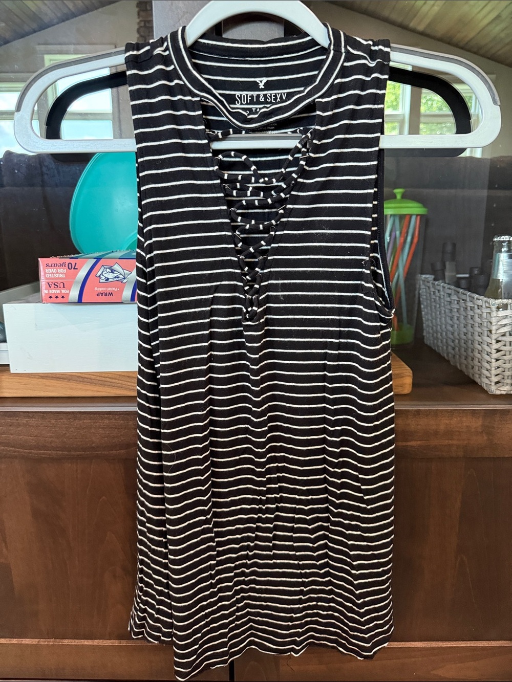 American Eagle Outfitters Black and White Striped Lace-Up Tank Top
